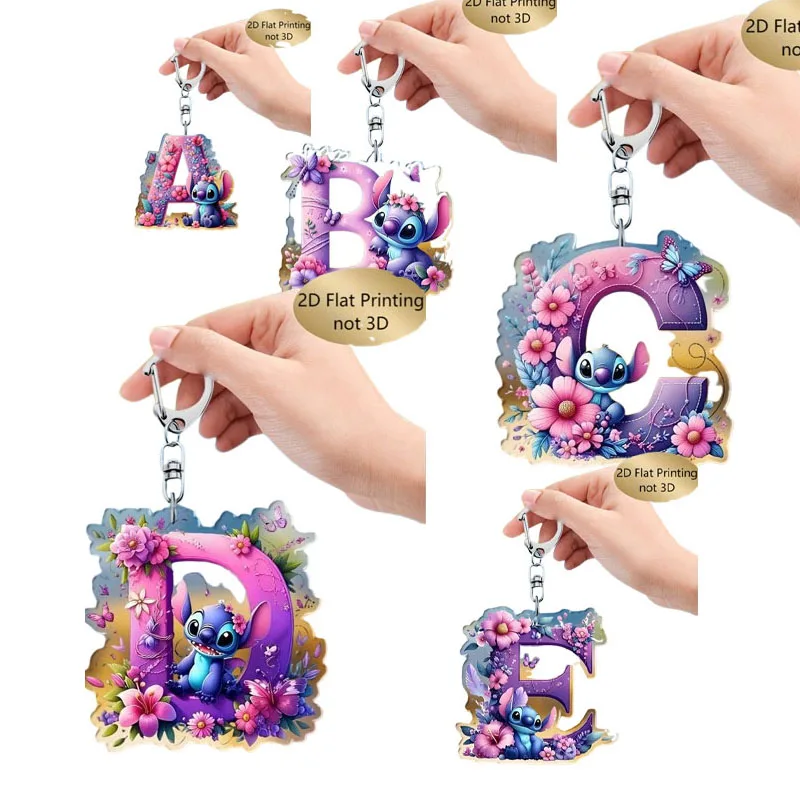 

5PCS Stitch Keychain Cartoon 2-inch A-Z Letter English Name Purple Mirror Car Rear View Gift