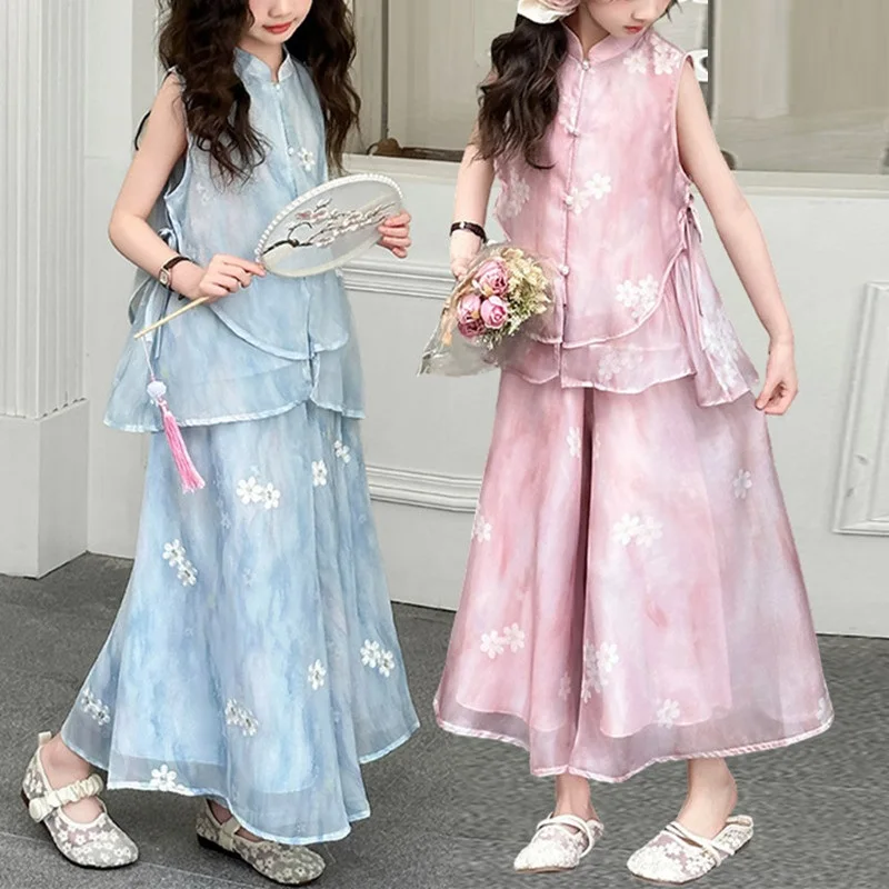 

Летний комплект для девочек в китайском стиле: детский наряд с цветочной вышивкой, жилет и широкие брюки, костюм из двух предметов