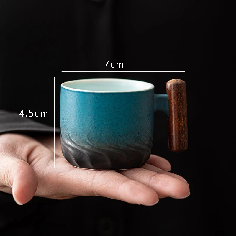 Ceramic Retro Cup Coffe with Wooden Handle Rough Large Capacity Water Tea Mug Handmade Drinkware Teaware for Birthday Gifts