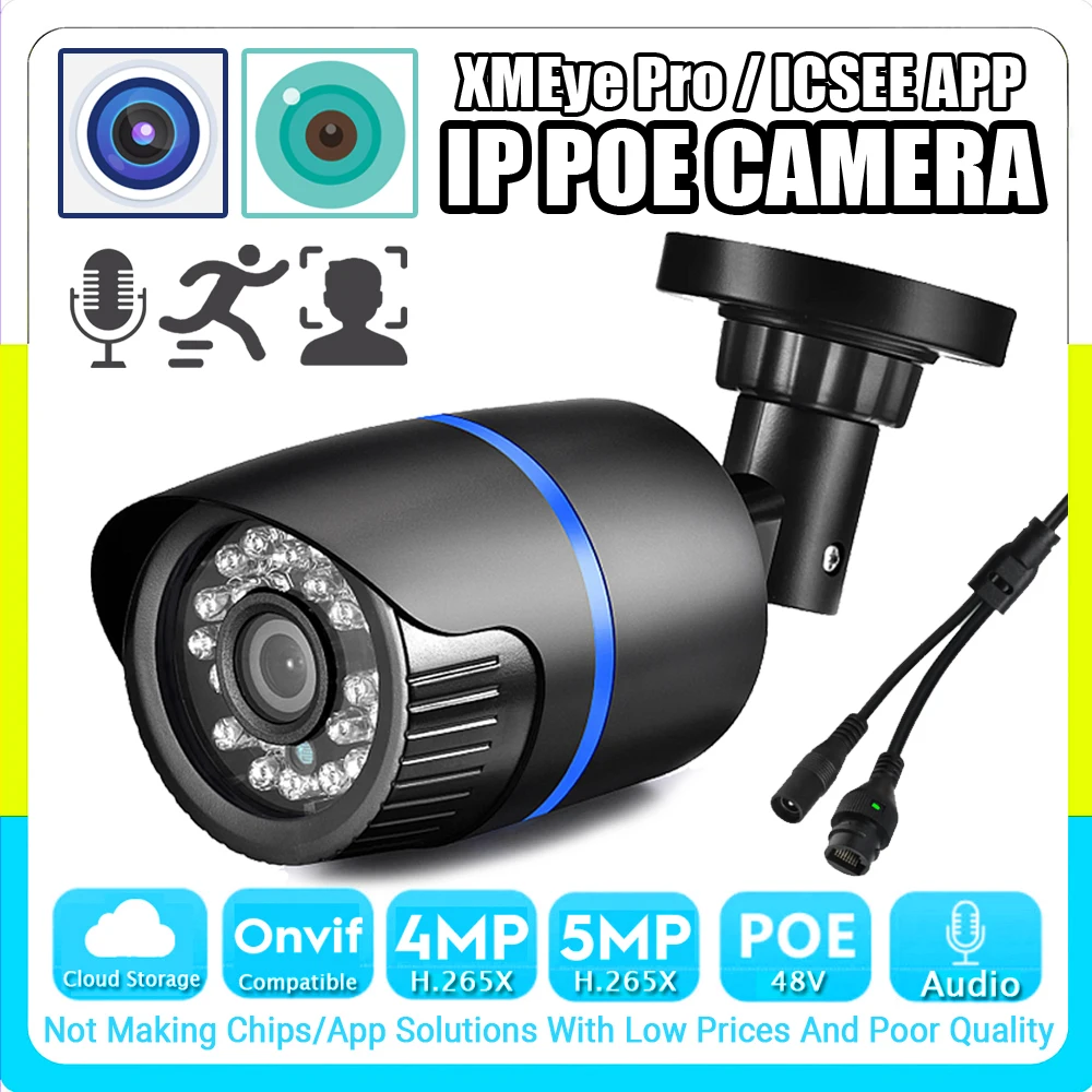 Câmera IP POE Áudio Impermeável, Armazenamento na Nuvem Onvif, Face AI e Detecção de Movimento, ICSEE XMEYE, Mic Digital Completo, Ao ar livre, 5MP,