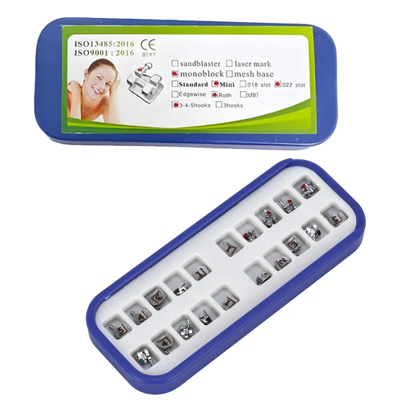 20pcs/Box Dental Bracket Orthodontic Braces MIM Monoblock Split Metal Mesh Base Mini Roth/MBT 0.022 Hooks 3-4-5 Dentistry