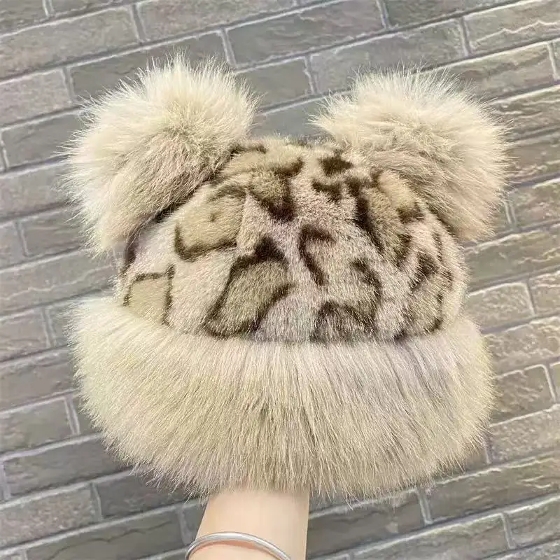

Luxury Trend Leopard-Print Bear-Eared Hat Winter Faux Fur Thickened Warm Ear-Covering Bucket Hat Faux Mink Fisherman's Hat