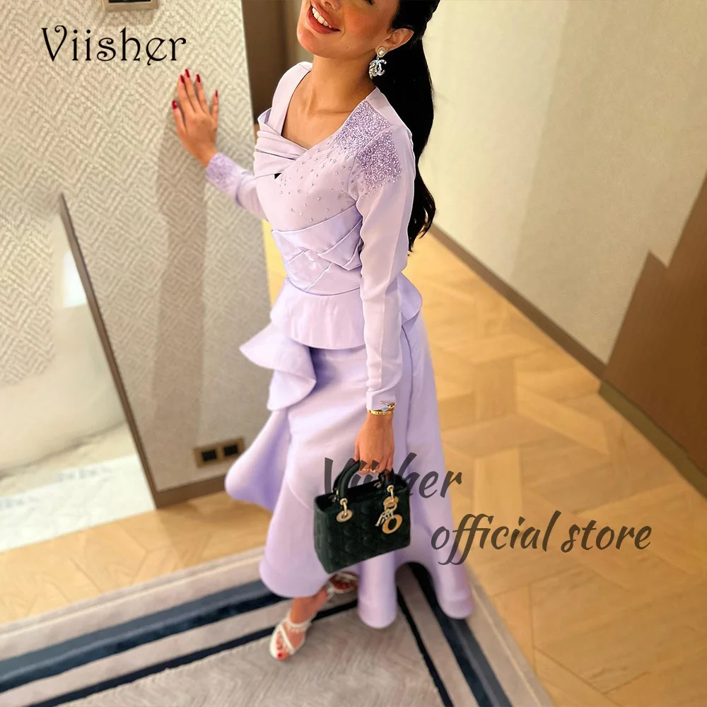 

Viisher Lavender Mermaid Evening Dresses Long Sleeve Beads Pleats Satin Formal Dress Dubai Arabia Prom Party Dress Ankle Length