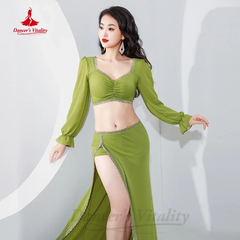 Traje de dançarina do ventre para mulheres, manga comprida, top + saia dividida, 2 peças, roupas de dança oriental, roupa de dança do ventre para meninas