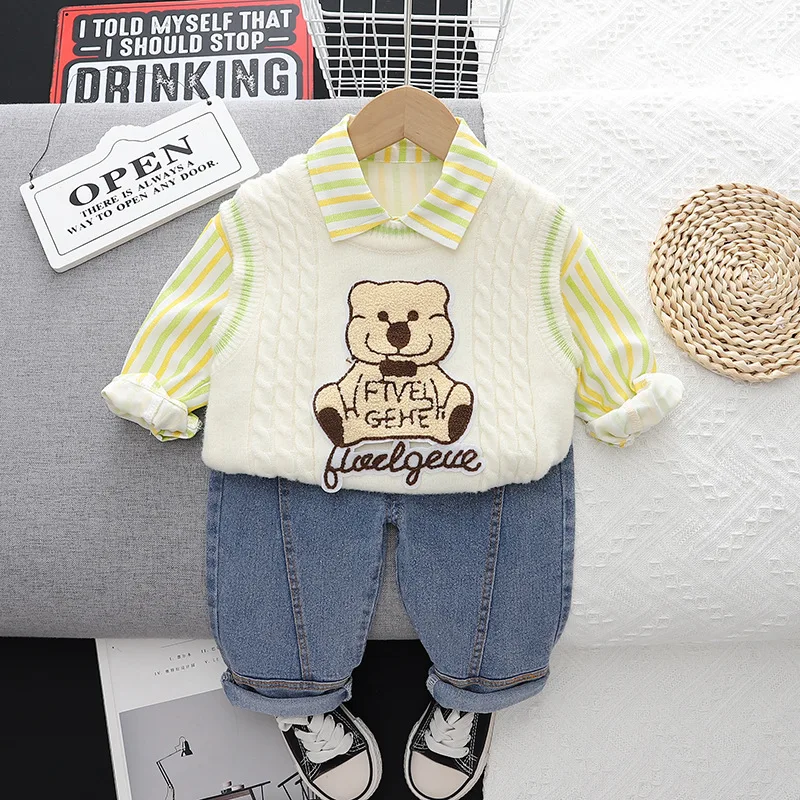 Baby Clothing Autumn and Winter New Children\'s Stripe Sports Set Boys\' Little Bear Sweater Simple Casual Three Piece Set