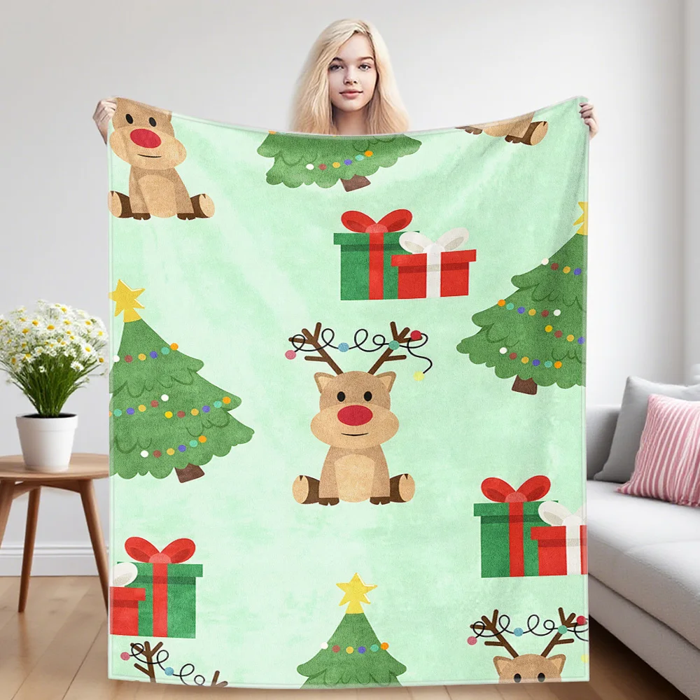 Xmas Reindeer Sofa Specific Soft Flannel Blanket, Universal Plush Gift Blanket For All Seasons
