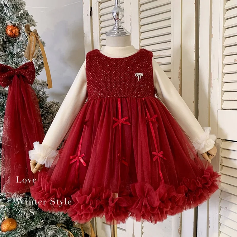 Girls Ball Gown Autumn Winter Baby Christmas New Year Birthday Gift Plus Velvet Patchwork Kids Sunress Basic T-shirt 2 Piece Set