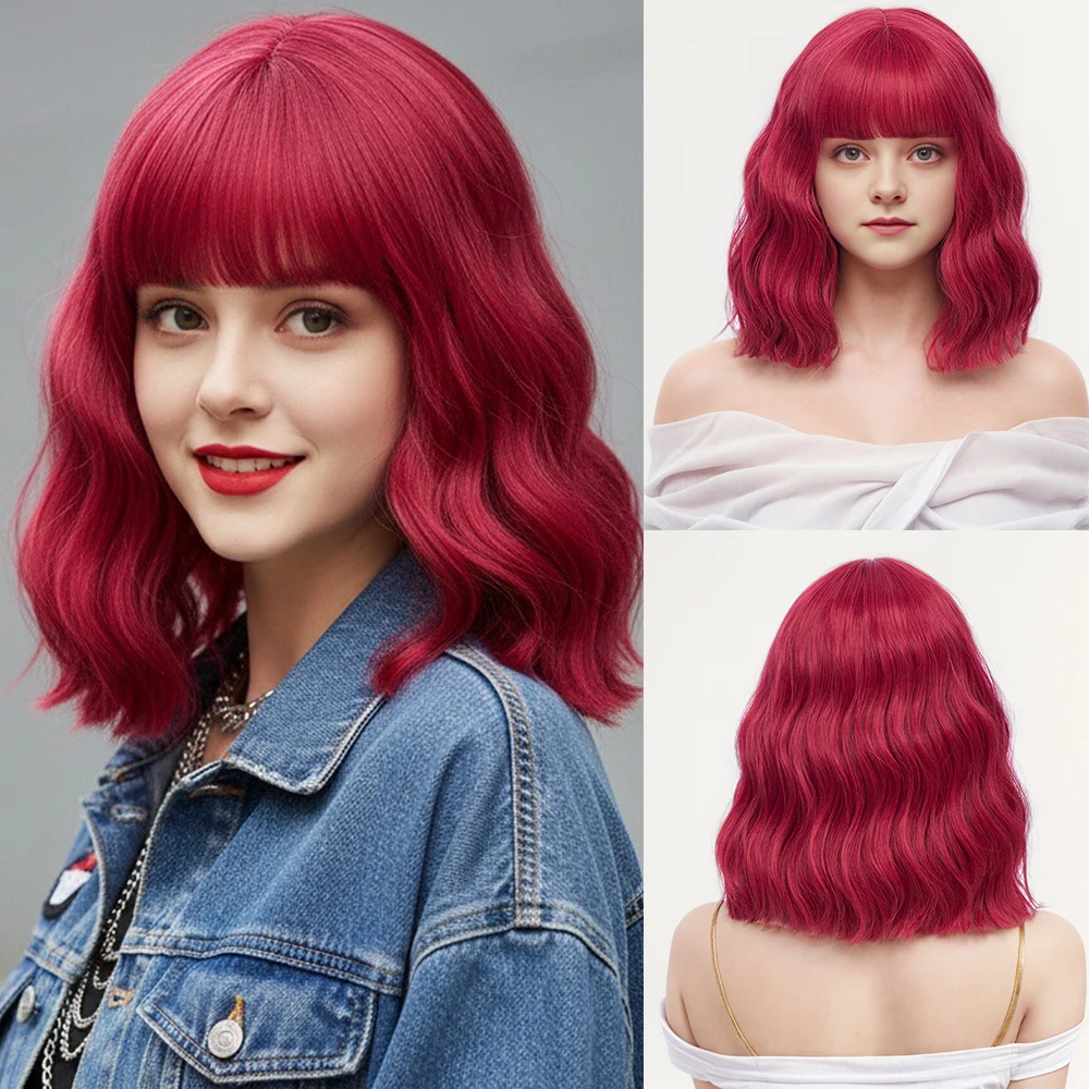 

Синтетический парик, красный, кудрявый, длиной до плеч, с челкой, для косплея, Лолиты и тематических вечеринок