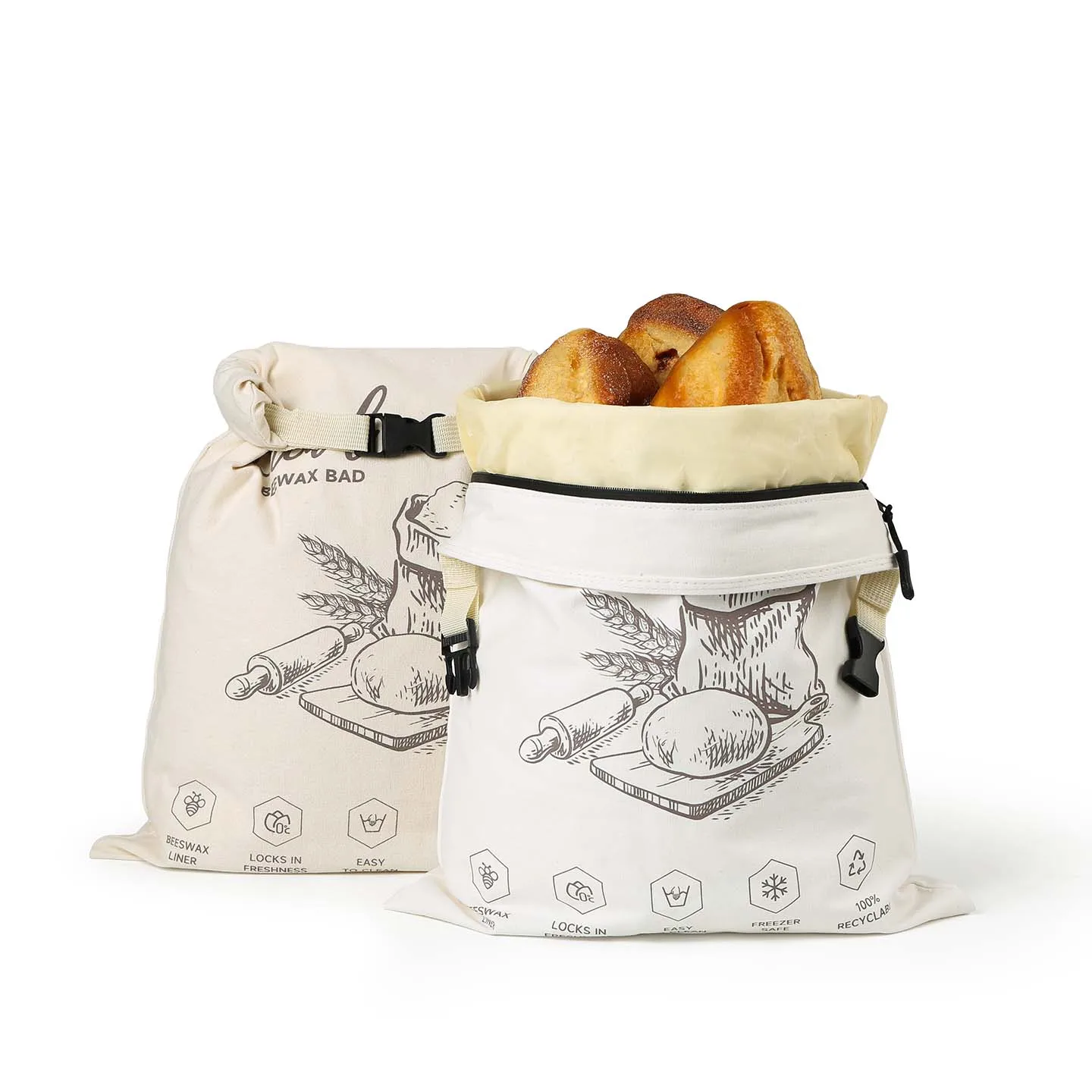 Sac à pain en cire d'abeille à fermeture éclair, sac à pain réutilisable en cire d'abeille pour sandwich de qualité alimentaire