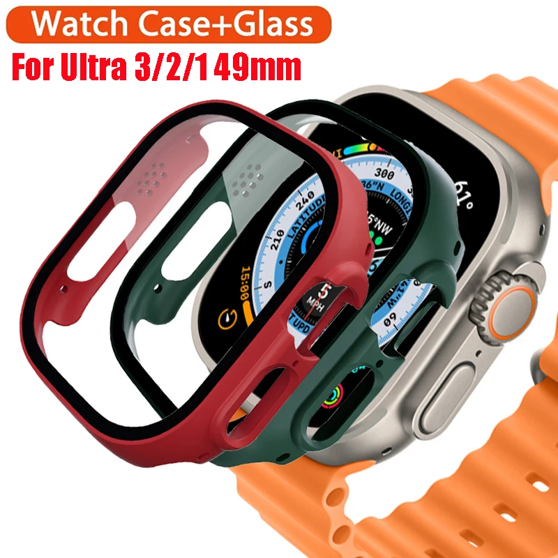 Glass+Cover For Apple Watch Case Ultra 3 2 49mm 45mm 41mm 44mm 40mm 42mm 38mm Tempered Case Screen Protector For Iwatch 9 8 7 SE