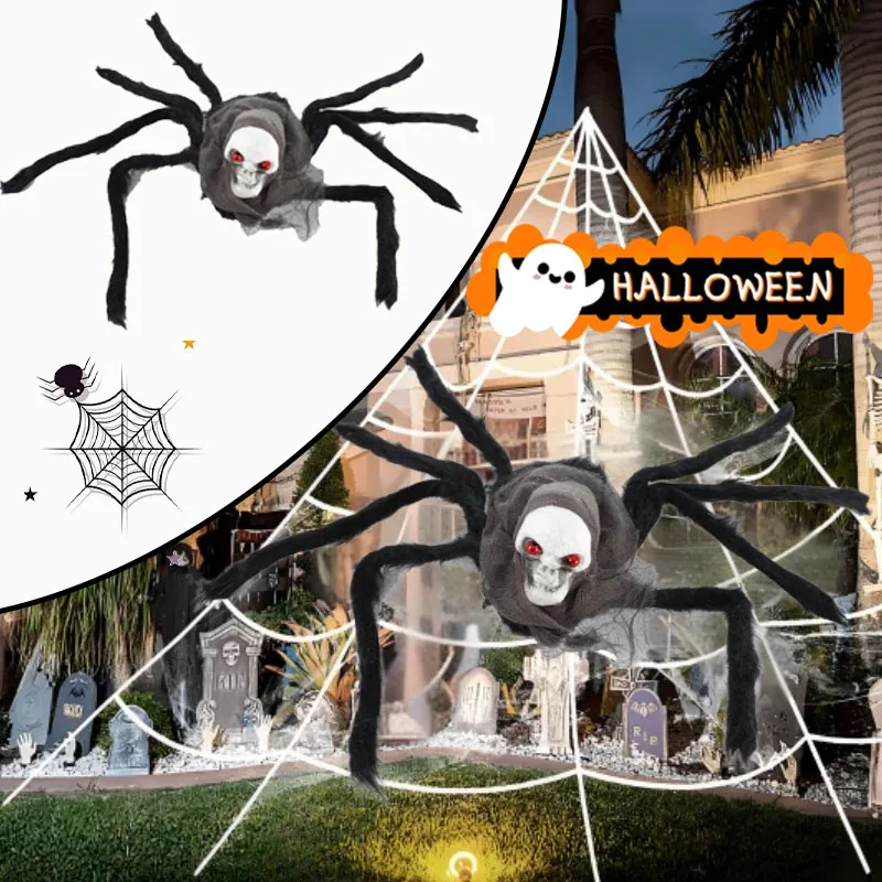 

Halloween Decor Creepy Plush Spider Veil Fuzzy Skull Realistic Fake Spiders for Haunted House Costumes