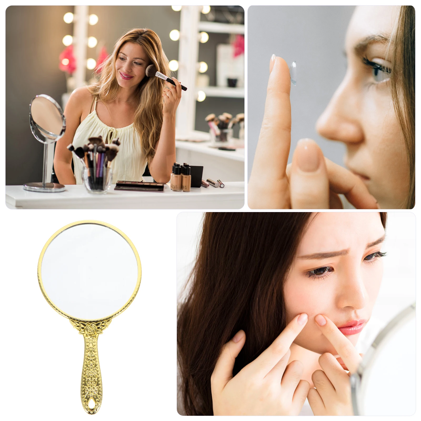 Specchio portatile con manico rosa in stile retrò, leggero, compatto, strumento per il trucco portatile per i viaggi
