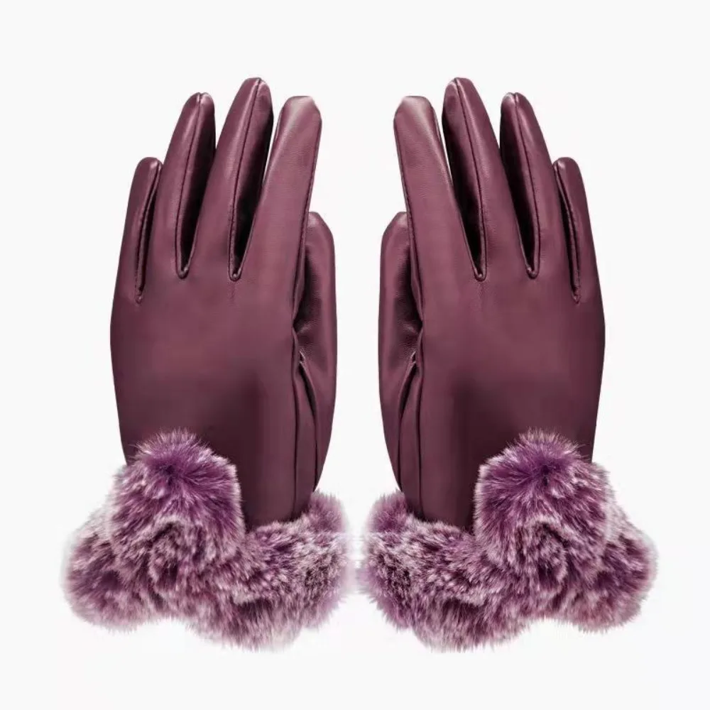 Unisex Thicken Warm Windproof Faux Fur Gloves Touch Screen Mittens Cashmere Gloves PU Leather Outdoor Warm Gloves Accessories