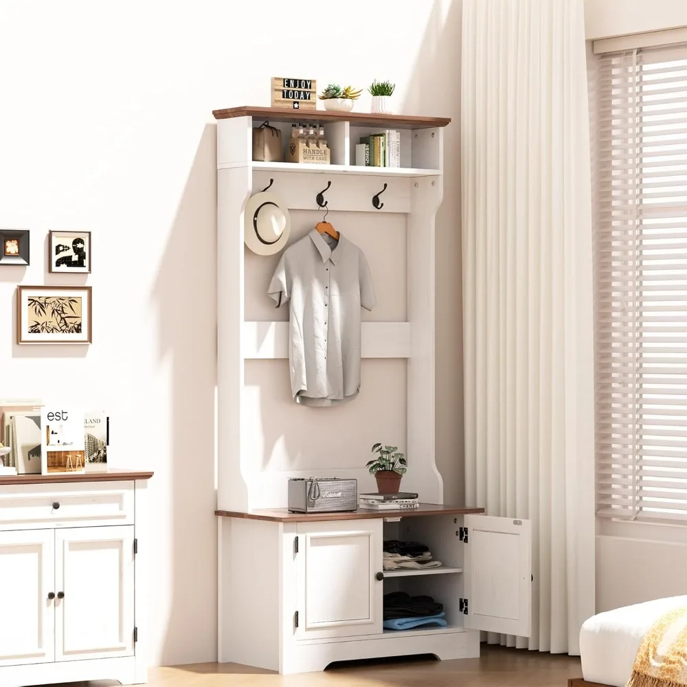 مقعد تخزين الأحذية متعدد الوظائف على طراز المزرعة مع رف معطف و3 خطافات للمدخل #1