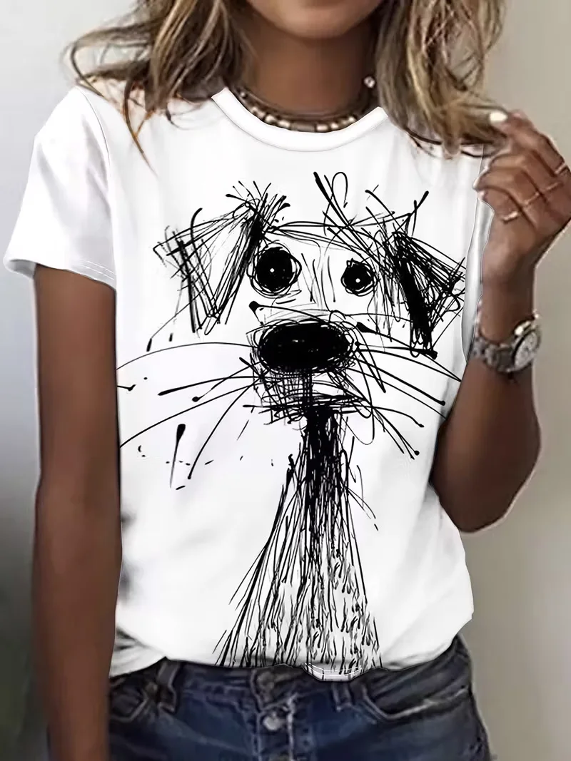Fashionable casual doodle puppy, interesting imitation hand-painted print, loose short-sleeve T-shirt PT0015