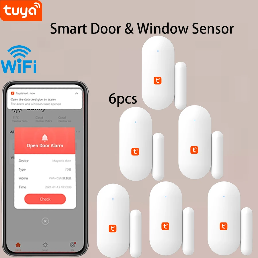 Tuya-Sensor de puerta y ventana WiFi, Detector de puerta inalámbrico, alarmas, aplicación remota Smart Life, Control, funciona con Alexa, Google Home, hogar inteligente