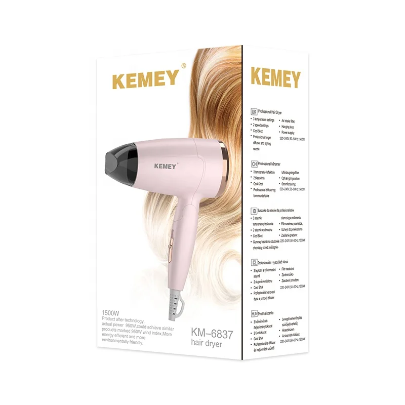 Colorful Portable Blow Drying Appliance Hair Dryer Kemey KM-6837 Household High Powerful Travel Foldable Hair Dryer