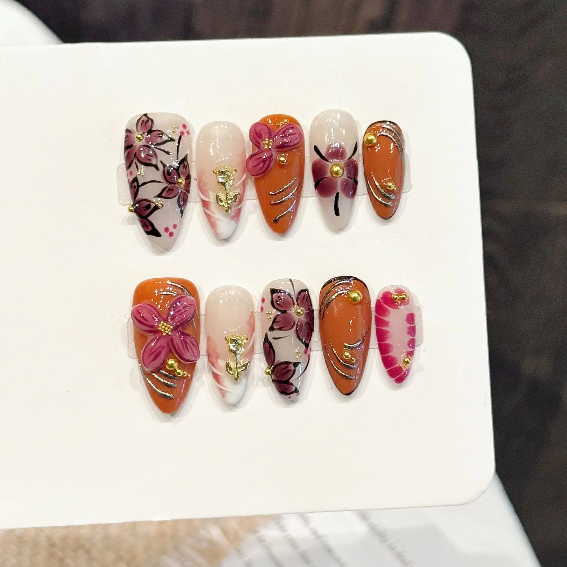 

10pcs Luxury Handmade Almond Press On Nails Orange 3D Carving Flower Gold Bead Design Fake Nails Wearable Nails Art Tips Girls