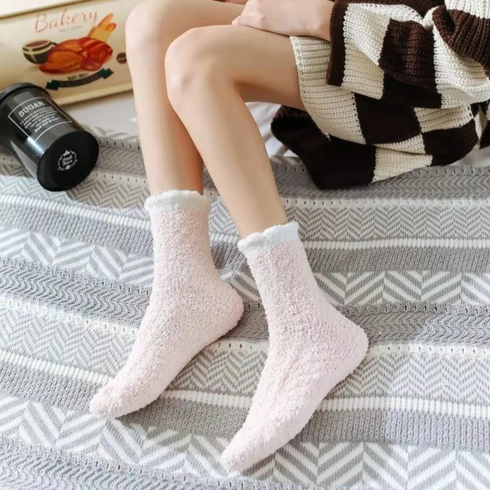 1Pair Women Winter Warm Fluffy Fuzzy Socks Sleep Mid-Tube Soft Cosy Thermal Thick Home Floor House Socks Kawaii Snow Sock