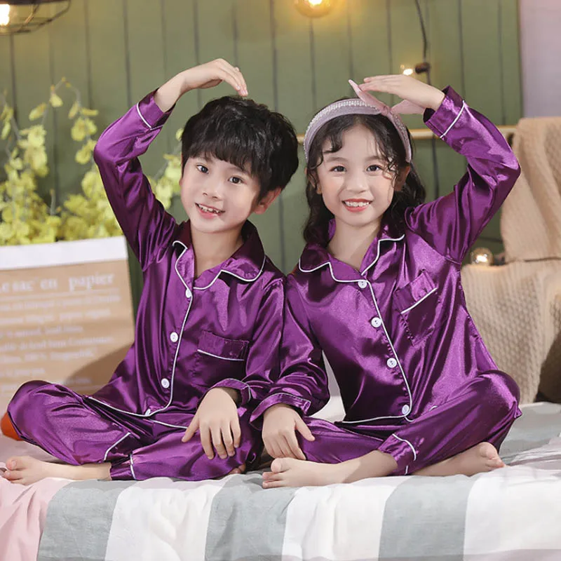 Cute Cartoon Children Outfit Pajamas Set 2024 Long Sleeve Satin Pyjama Toddler Boy Girl for 2 to 3 4 5 6 7 8 9 10 11 12 13 Years