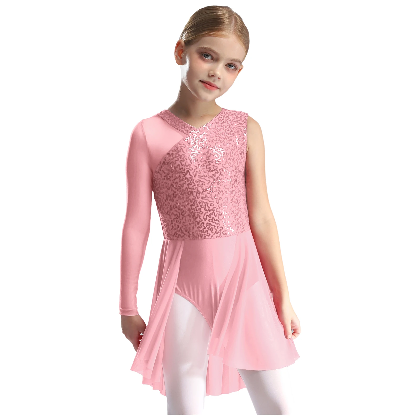 Ballet Dancewear Stage Performance Costume Girls Sheer Mesh Long Sleeve Sequins Skirted Leotard Temperament Dancing Bodysuits