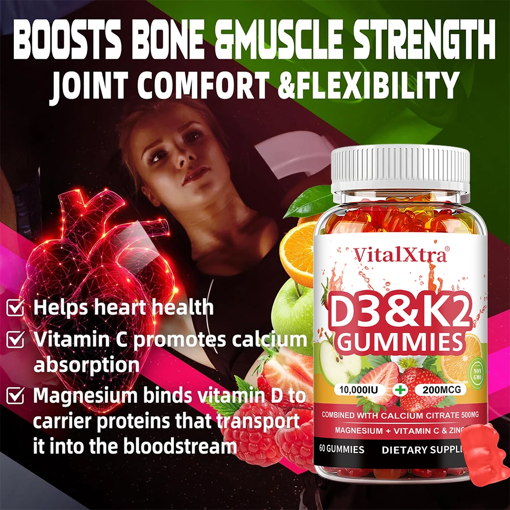天然ビタミンD3 K2グミ、健康な骨、関節、歯、肌をサポート、免疫健康サプリメント、遺伝子組み換えなし、グルテンフリー