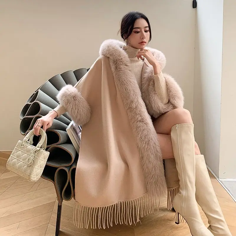 Elegant Fur Cape Women Winter Clothing Thick Warm Poncho Female Fashionable Cardigan Shawl Cloak Loose Fit Mid-length Coats T68