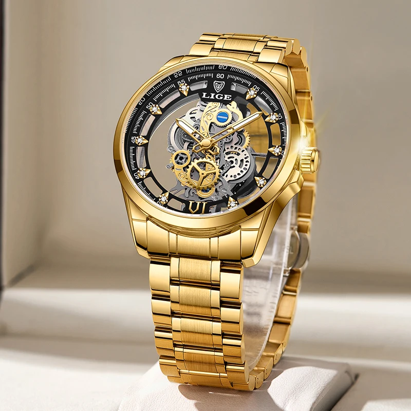 LIGE Fashion Quartz Watches For Men Gold Skeleton Retro Men Watch Top Brand Luxury Sport Waterproof Watch Men Relogios Masculino