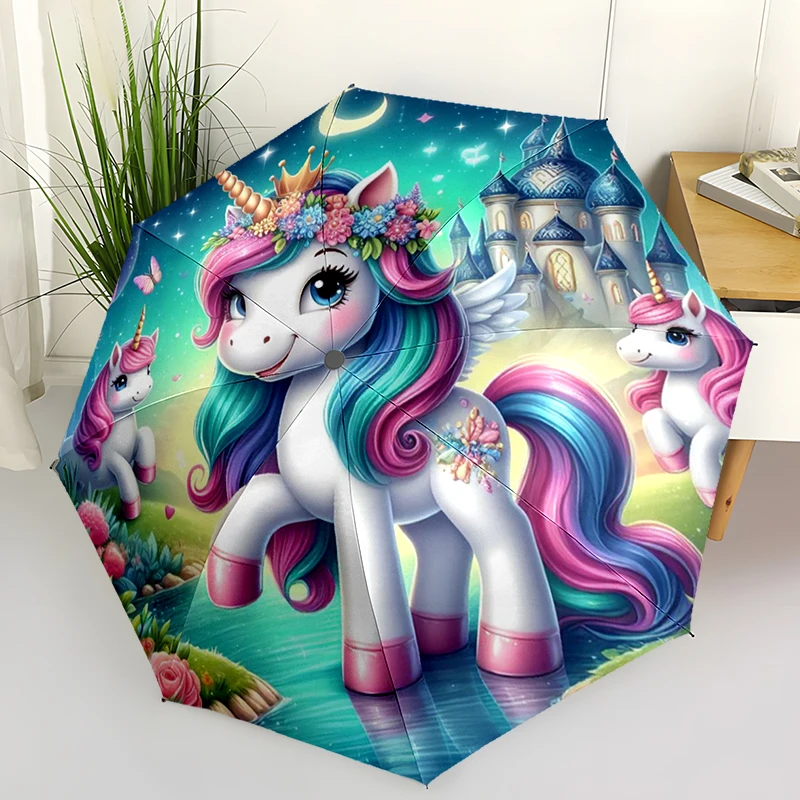 

Фэнтезийный складной зонт с единорогом, модный дизайн с автоматическим открытием, 8, железные ребра, пластиковая ручка, складной солнцезащитный козырек, идеальные рождественские подарки