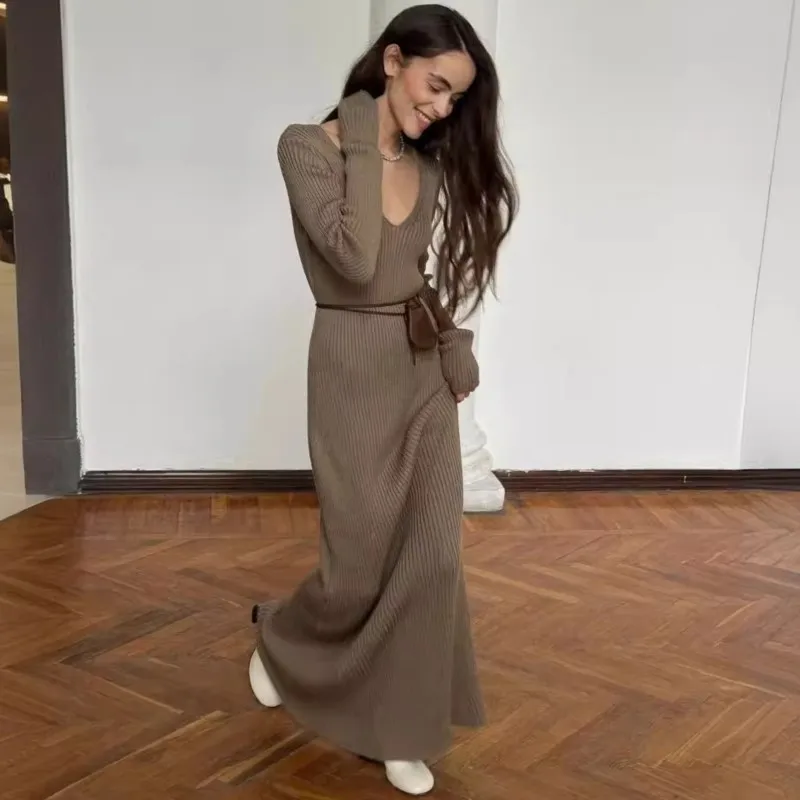 Autumn and winter new V-neck elegant women's dress 2024 autumn and winter long-sleeved ankle-length office women's dress slim