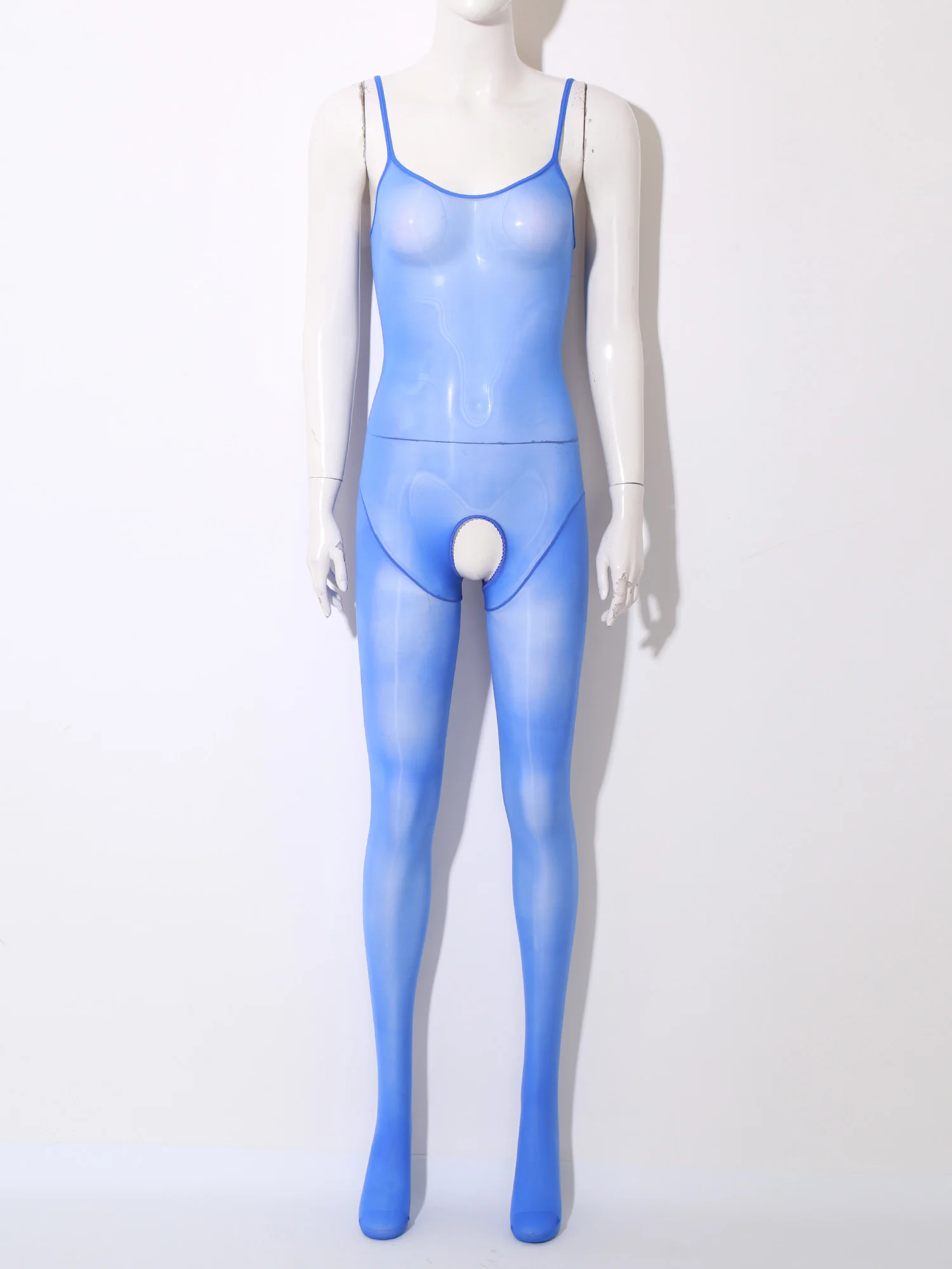 Frauen Sexy Sheer Mesh Glänzend Ouvert Bodysuit Einstellbare Spaghetti Bodystockings Footed Overall Clubwear Dessous Nachtwäsche