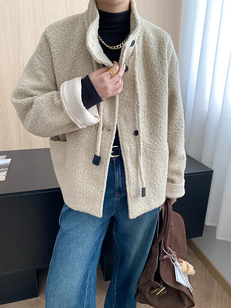 Fanan casacos de design de pele sintética com cordão para mulheres gola única breasted grosso jaquetas quentes femininas tops 2025 inverno novo