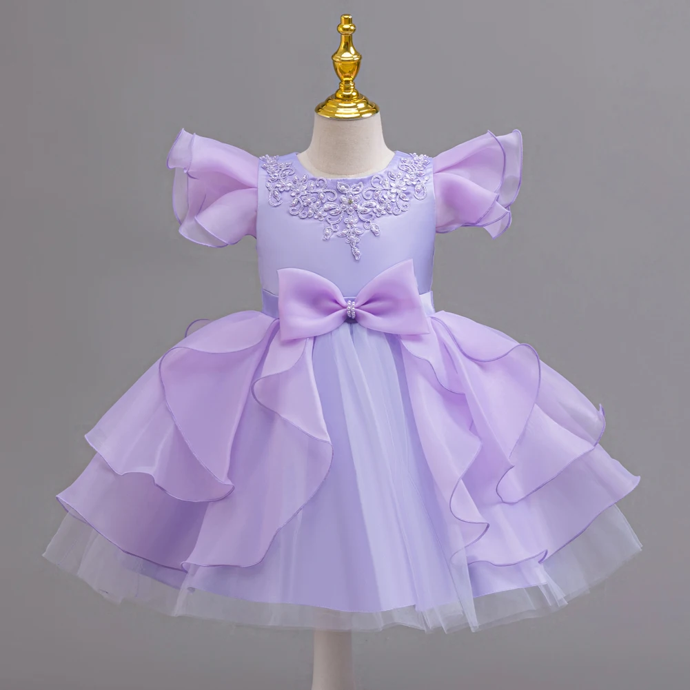فستان حفلات بأكمام قصيرة مع فيونكة وردية منتفخة للفتيات، مادة بوليستر، مناسبة للفتيات من سن 2 إلى 10 سنوات #5