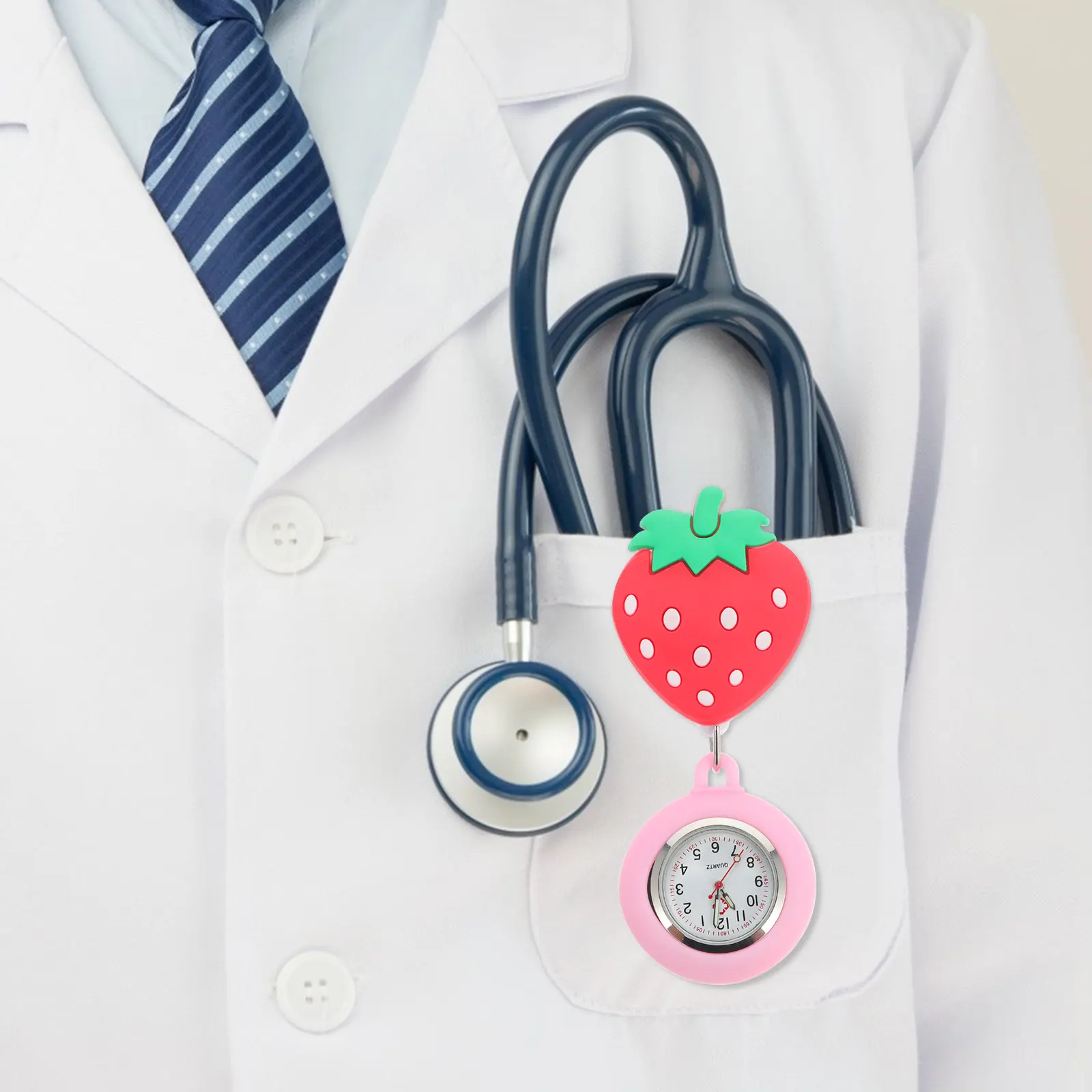 

1Pcs Nurse Pocket Watch Clip-on Large Dial Strawberry Design Stretchable Hanging Watch Timing Style for Doctors Nurses Gift
