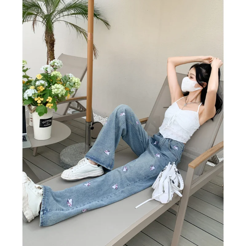 Blue Jeans for Women Embroidery High Waist American Fashion Y2K Chic Streetwear Wide Leg Jean Female Trouser Baggy Denim Pants