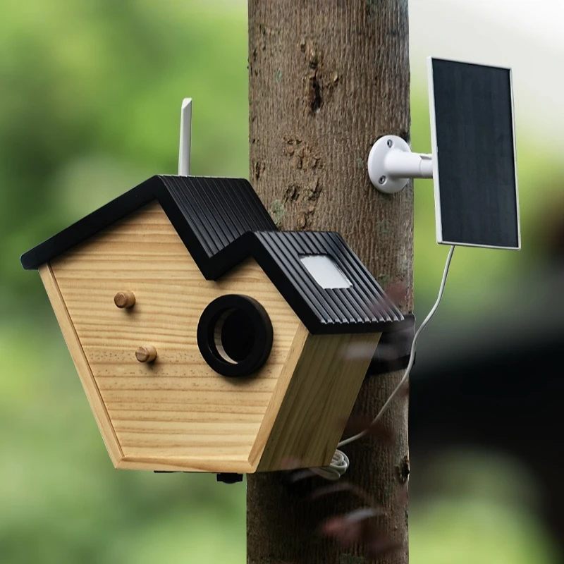 Wooden Parrot Nest Solar Smart Camera Thermal Bird House Outdoor Rainproof Parrots Breeding Cages Bird Fledgling Hatching Nest