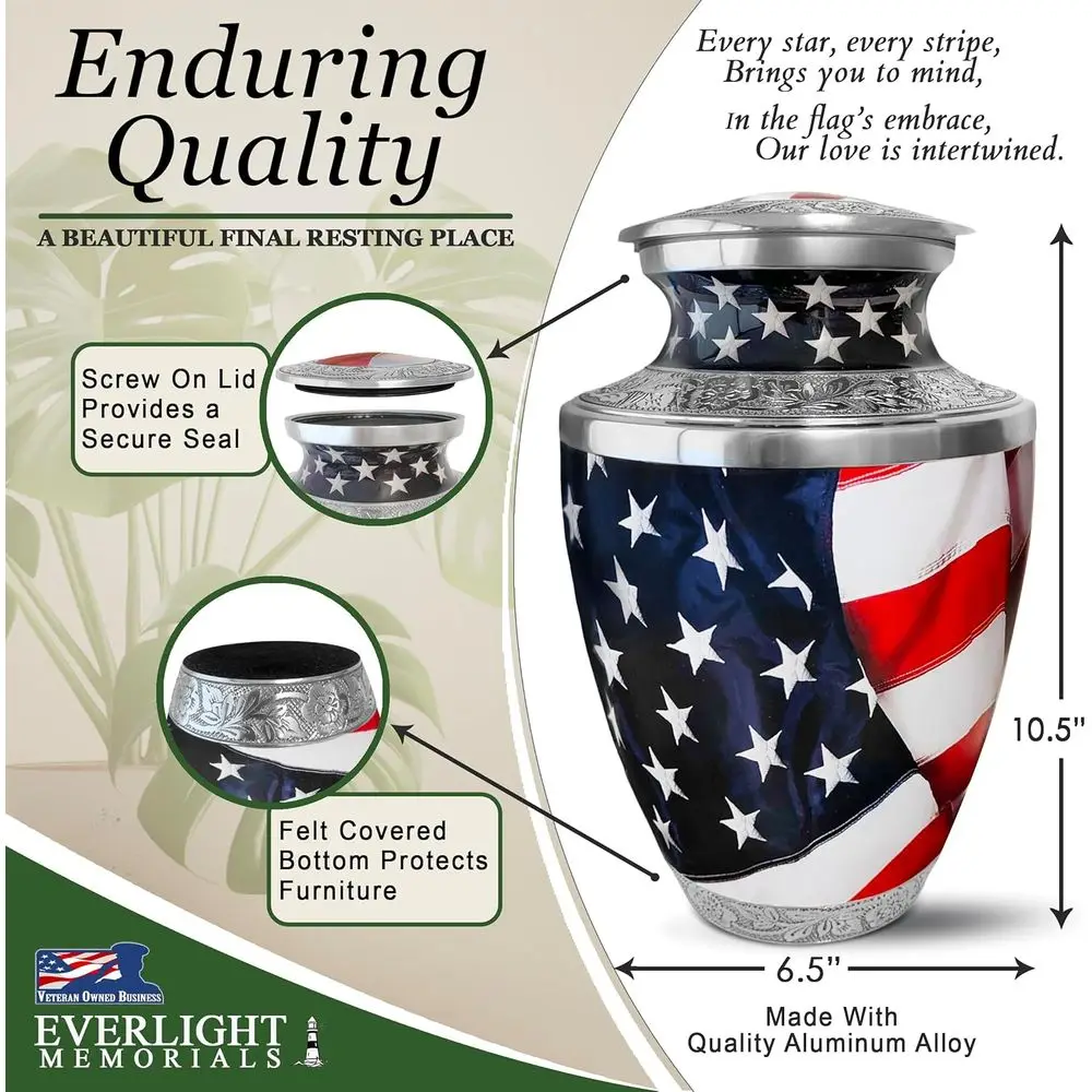 Urna de cremación con bandera patriótica americana, urna conmemorativa grande para cenizas masculinas y femeninas adultas para el hogar o la enterración