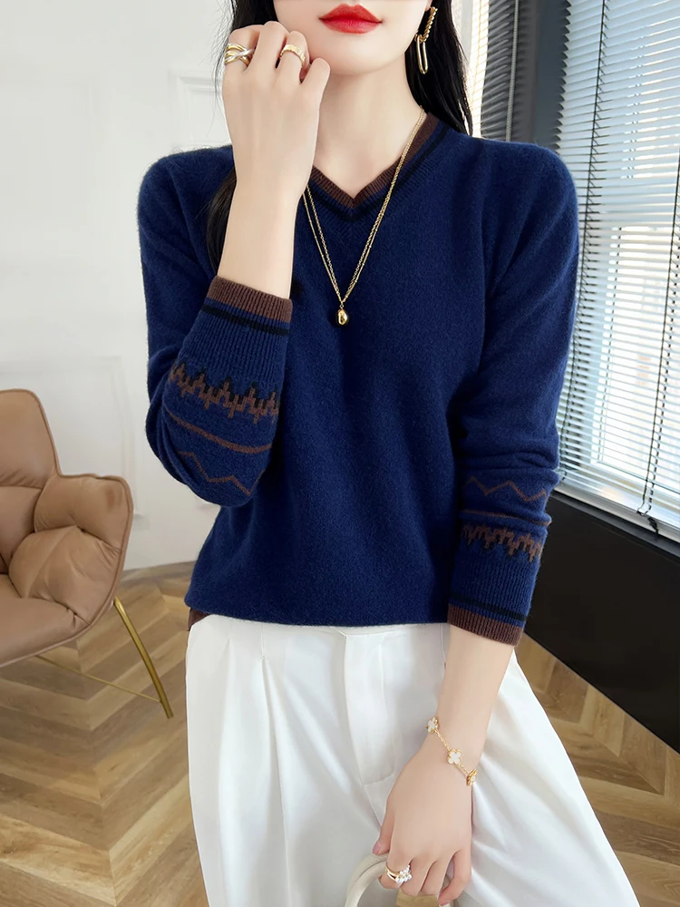 2024 New Cashmere Women's V-Neck Long Sleeve Basic Pullover Sweater 100% Merino Wool Knitwear Female Clothes Autumn Winter Top