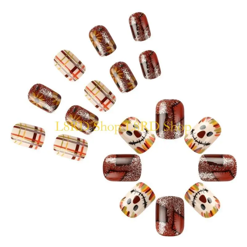 L8RD 感謝祭ネイルファッションショートスクエアプレスオンネイルアートデコレーションピエロと花柄スティックオン爪