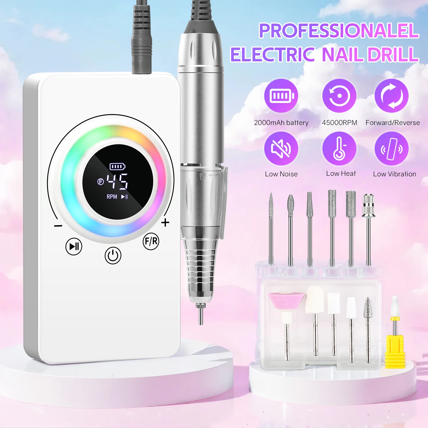 45000RPM Rechargeable Nail Drill –  Electric Nail File with LCD, USB-C, 8-Color LED Light, Dual Rotation, for Acrylic & Gel