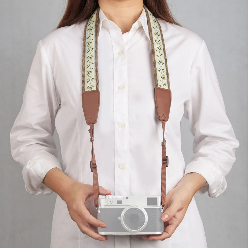 Embroidered SLR Camera Strap Vintage Flowers Adjustable Shoulder Strap Bands Leather Head