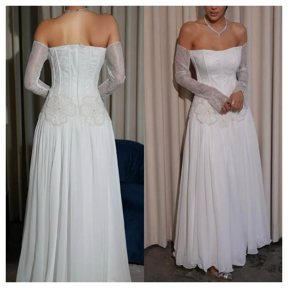 

Customized Modern White Chiffon Party Dress Delicate Boat Neck Off the Shoulder Long Sleeves Party Dress Soft Celebrity Gowns