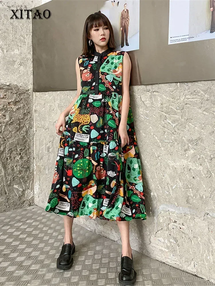 

XITAO Print Pattern Dress Pleated Goddess Fan Casual Style Sleeveless 2025 Summer Minority Elegant Pleated Dress WMD7044
