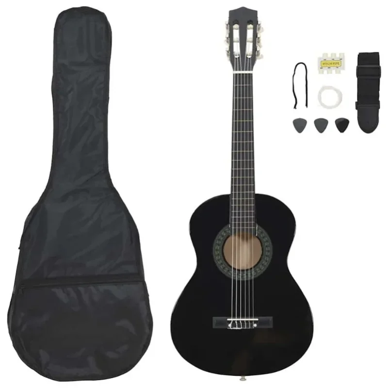 Gitara Klasyczna 52,5 cm z Litego Drewna Lipowego, Kompletny Zestaw z Pokrowcem, Paskiem, Mediatorami, Tubą do Akordowania i Dodatkowymi Strunami dla Amatorów Muzyki, Do Użytku Domowego, w Studiu i (Noir) — Zdjęcie 2 z 2
