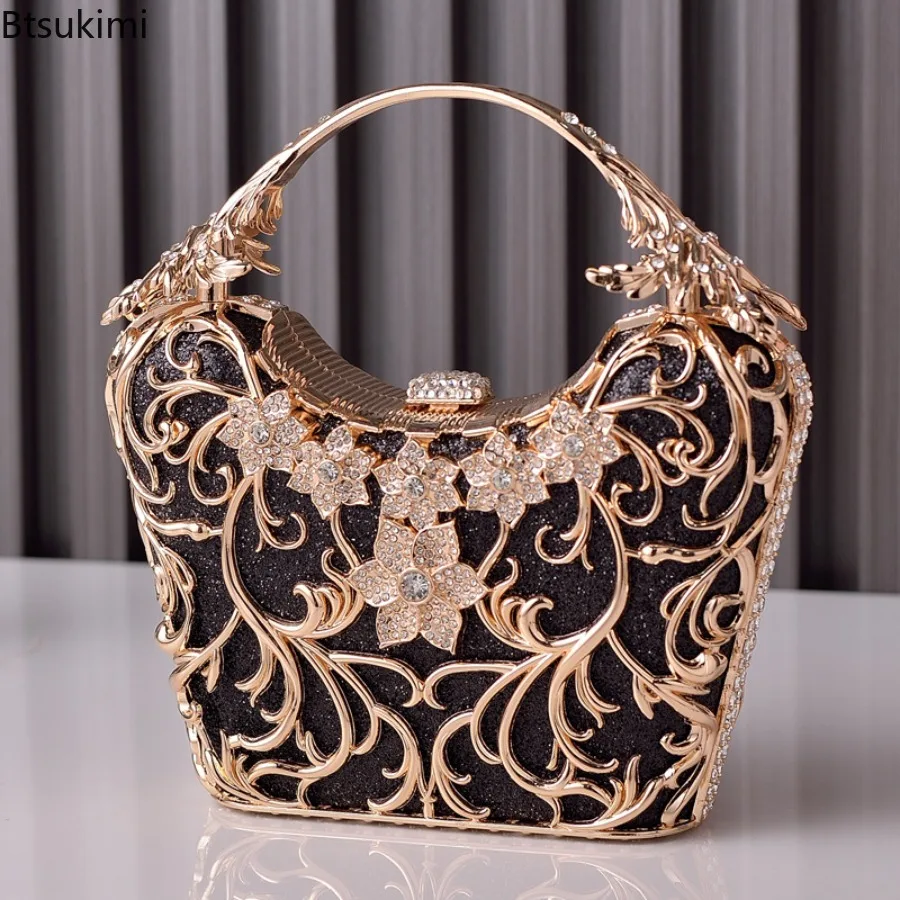 Hollow Out Metal Evening Bags Women's Fashion Shiny Party Banquet Handbags Elegant Luxury Clutch Bags Chain Shoulder Bag Purses