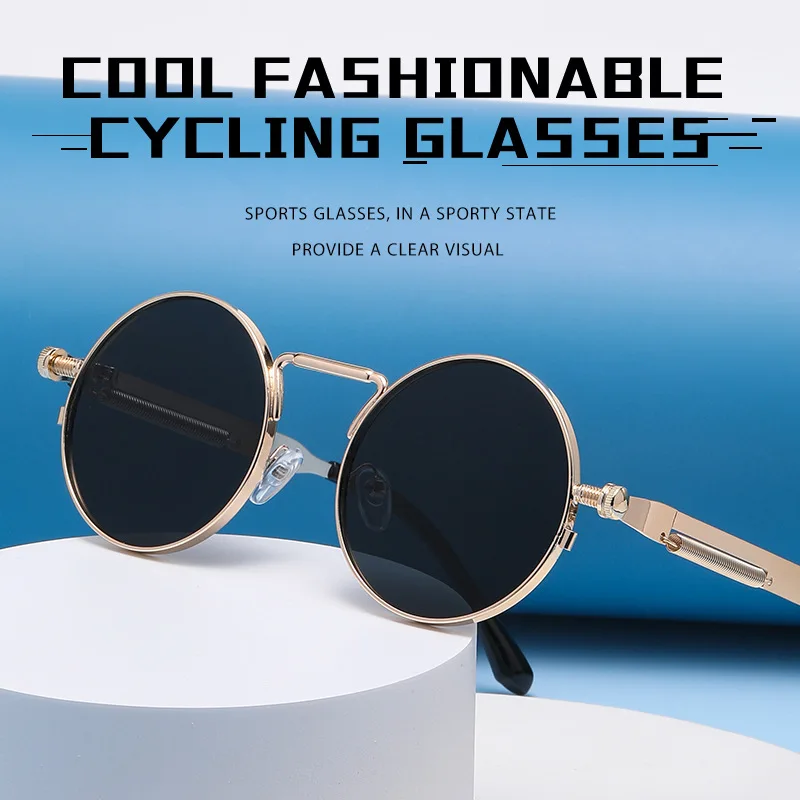 

Retro round frame glasses European and American steampunk style sunglasses Metal spring leg sunglasses for men