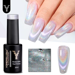 YOKEFELLOW Rainbow Cat Eye Gel Polish Magnetic Omnipotent Silver Holographic 9D Cat Magnetic Gel Nail Polish Sparkle Gel Polish
