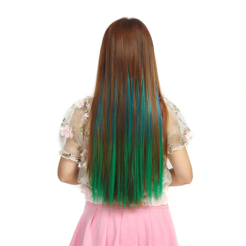 Clip in One Piece Hair Extension Long Straight Synthetic Black Blue Gray Green Ombre Color Hairpieces