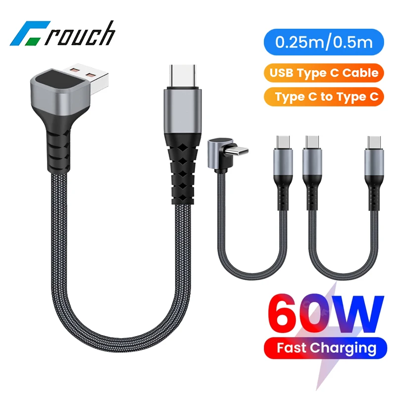 0.25M/0.5M Elbow Short USB C Cable 60W Type C To Type C Fast Charging Cable PD Dual Type C Cable for iphone 15 Samsung Xiaomi