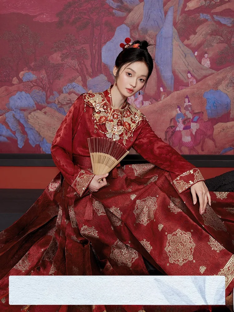 

Red New Chinese Style Top for Women Engagement Wedding Ceremony Drinking Etiquette Skirt Hanfu Suit by Shiyu Thirteenth